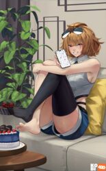  absurdres bad_id bad_pixiv_id bare_arms barefoot black_thighhighs blue_shorts blush breasts brown_hair cake cellphone commission couch eyewear_on_head feet female food girls&#039;_frontline grin grizzly_mkv_(girls&#039;_frontline) highres holding holding_phone indoors kobi420 large_breasts legs looking_at_viewer no_shoes on_couch phone pink_eyes plant shirt short_hair short_shorts shorts single_thighhigh sleeveless sleeveless_shirt smartphone smile soles solo thighhighs toes white_shirt 