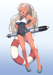  alternate_costume blue_background bracelet breasts brown_eyes commentary conte_di_cavour_(kancolle) cosplay crop_top female flower full_body gradient_background grey_hair hair_flower hair_ornament holding holding_torpedo jewelry kantai_collection large_breasts lifebuoy long_hair long_sleeves moke_ro old_school_swimsuit one-piece_swimsuit one_eye_closed open_mouth oppai_loli ro-500_(kancolle) ro-500_(kancolle)_(cosplay) sailor_collar sailor_shirt school_swimsuit school_uniform serafuku shirt smile solo swim_ring swimsuit swimsuit_under_clothes tan tanlines torpedo two_side_up 