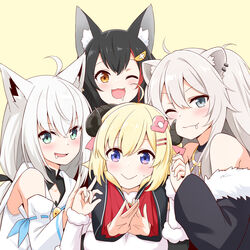  4girls ahoge animal_ears bare_shoulders black_hair blonde_hair blue_eyes blush brown_eyes detached_sleeves drooling felutiahime fox_ears fox_girl fur-trimmed_sleeves fur_trim green_eyes grey_hair hair_ornament hairclip highres hololive horns lion_ears lion_girl looking_at_viewer multiple_girls oerba_yun_fang one_eye_closed ookami_mio ookami_mio_(1st_costume) open_mouth purple_eyes sheep_girl sheep_horns shirakami_fubuki shirakami_fubuki_(1st_costume) shishiro_botan shishiro_botan_(1st_costume) tsunomaki_watame tsunomaki_watame_(1st_costume) virtual_youtuber white_hair wolf_ears wolf_girl 