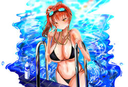  absurdres azur_lane bikini black_bikini bottle breasts commentary female goggles goggles_on_head hair_ornament highleg highleg_bikini highres holding holding_whistle italian_flag large_breasts long_hair muang multi-strapped_bikini o-ring o-ring_bikini official_alternate_costume pool pool_ladder poolside red_hair side_ponytail skindentation swimsuit water_bottle wet whistle whistle_around_neck yellow_eyes zara_(azur_lane) zara_(poolside_coincidence)_(azur_lane) 