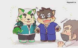  anthro blush canid canine canis domestic_dog electronics fur green_body green_fur group headphones headphones_around_neck human igarashi_ta jock_protagonist_(tas) lifewonders live_a_hero male mammal mascot_costume mokdai moritaka_(tas) pawpads protagonist_(tas) tokyo_afterschool_summoners trio 