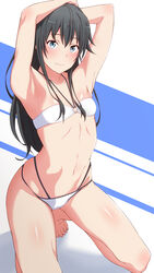  absurdres armpits arms_up bikini black_hair blue_eyes breasts closed_mouth female highres kneeling long_hair navel shou937 small_breasts solo stomach straight_hair swimsuit tiptoes very_long_hair white_bikini yahari_ore_no_seishun_lovecome_wa_machigatteiru. yukinoshita_yukino 