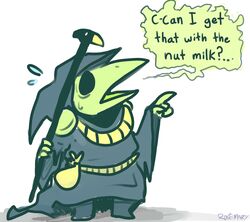  2016 anthro asking asking_another avian beak black_eyes bodily_fluids cloak clothed clothing dialogue ellipsis empty_eyes english_text footwear gesture green_beak green_body green_skin hand_gesture headgear hood hoodie humor irregular_speech_bubble male nervous open_mouth plague_doctor plague_knight pointing pointing_up pouch_(clothing) question question_mark rosemary-the-skunk shadow shoes shovel_knight signature simple_background solo speech_bubble staff standing stuttering sweat talking_to_another text topwear wide_eyed yacht_club_games yellow_beak yes-no_question 