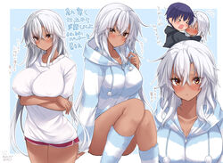  1boy absurdres alternate_costume alternate_hairstyle breasts brown_eyes dark-skinned_female dark_skin female grey_hair hair_between_eyes hair_down highres hood hood_down hoodie kantai_collection large_breasts long_hair long_sleeves mashiro_yukiya musashi_(kancolle) musashi_kai_ni_(kancolle) shirt striped_clothes striped_hoodie translation_request very_long_hair white_shirt 