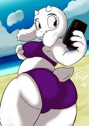  2020 anthro ass beach better_version_at_source bikini bovid breasts caprine cellphone clothed clothing electronics female fondling fur goat hand_on_breast holding_breast horn irreplaceable_bvas looking_back mammal mature_anthro mature_female phone sea seaside self_fondle slightly_chubby solo swimwear tight_clothing toriel unavailable_at_source undertale undertale_(series) water white_body white_fur xoti_(artist) 