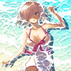  bad_id bad_pixiv_id bare_shoulders beach blush breasts cleavage collarbone dress dress_swimsuit fate/grand_order fate_(series) female hair_over_one_eye highres isshoku_umeo large_breasts light_purple_hair looking_at_viewer lying mash_kyrielight mash_kyrielight_(swimsuit_of_perpetual_summer) official_alternate_costume on_back open_mouth purple_eyes shore short_hair water wet white_dress 