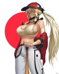  bandaged_arm bandages baseball_bat blonde_hair breasts bursting_breasts cleavage commentary crazy_eyes crazy_smile dark-skinned_female dark_skin detached_collar english_commentary eyelashes female grin highres jacket jewelry large_breasts long_hair midriff nyxkz oerba_yun_fang off_shoulder original pants planted ponytail red_eyes red_jacket ring sideboob smile solo sports_bra stomach suspenders_hanging toned weapon 