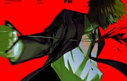  1boy black_coat black_necktie black_suit blonde_hair blood blood_splatter blood_spray chainsaw_man coat crazy denji_(chainsaw_man) femmerquq formal highres male_focus necktie open_mouth pulling red_background sharp_teeth simple_background smile solo suit teeth 