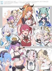  6+girls ^_^ abe_takakazu ahoge amane_kanata amane_kanata_(1st_costume) anchor_symbol animal_ear_fluff animal_ears animal_print aqua_hair arm_up armband ascot baseball_cap belt belt_pouch beret bibi_(tokoyami_towa) black_choker black_dress black_gloves black_headwear black_jacket black_shorts black_tank_top blonde_hair blue_ascot blue_bow blue_bowtie blue_dress blush bow bowtie braid breasts brooch bug butterfly butterfly_print cheering choker cleavage clenched_hand closed_eyes closed_mouth collared_shirt commentary crop_top cropped_jacket detached_sleeves diagonal-striped_bow diagonal_stripes double_bun dragon_horns dress drill_hair ear_piercing fangs fingerless_gloves flat_chest fox_ears french_braid from_side fur-trimmed_dress fur_trim gloves glowstick green_eyes green_hair green_nails grey_beret grey_hair hair_between_eyes hair_bun hair_ornament hair_ribbon hairband hairclip halo hat heart heart_tattoo heterochromia highres holding holding_microphone hololive hood hoodie horn_bow horn_ornament horns hoshimachi_suisei houshou_marine houshou_marine_(1st_costume) jacket jewelry kiryu_coco kiryu_coco_(1st_costume) kuso_miso_technique leg_tattoo leotard leotard_under_clothes long_hair looking_at_viewer maid_headdress medium_breasts medium_hair microphone midriff minato_aqua minato_aqua_(1st_costume) multicolored_hair multicolored_nails multiple_girls multiple_views music nail_polish nakiri_ayame nakiri_ayame_(girly) navel navel_piercing neck_ribbon o-ring o-ring_choker off_shoulder official_alternate_costume one_eye_closed open_mouth orange_eyes orange_hair partially_unzipped piercing pink_hair plaid_headwear pouch profile purple_eyes purple_hair purple_nails red_ascot red_eyes red_hair red_jacket red_ribbon ribbon see-through see-through_leotard sheep_ears sheep_horns shirakami_fubuki shirakami_fubuki_(1st_costume) shirt short_hair short_shorts shorts side_braid side_ponytail simple_background singing single_hair_bun single_side_bun skin-covered_horns skull_hair_ornament smile streaked_hair striped tag_(tf18080512) tank_top tattoo teeth thighs tokoyami_towa tokoyami_towa_(1st_costume) tsunomaki_watame tsunomaki_watame_(1st_costume) twin_drills twintails two-tone_hair uruha_rushia uruha_rushia_(1st_costume) virtual_youtuber white_background white_dress white_gloves white_hoodie white_jacket white_shirt wrist_cuffs yaranaika 