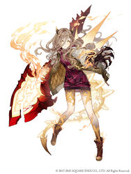  asymmetrical_arms black_skin blonde_hair claws colored_skin corruption cross-laced_footwear female frown full_body glowing glowing_eyes glowing_tattoo glowing_veins hair_over_one_eye highres horns jacket ji_no long_hair looking_at_viewer messy_hair multicolored_skin official_art red_riding_hood_(sinoalice) shovel sinoalice solo square_enix tail torn_clothes white_background yellow_eyes 