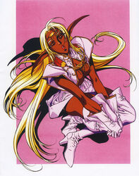  1990s_(style) blonde_hair boots dark-skinned_female dark_skin female full_body gloves hands_on_own_knee high_heels highres izubuchi_yutaka lips long_hair looking_at_viewer non-web_source official_art own_hands_together parted_lips pirotess pointy_ears record_of_lodoss_war red_eyes retro_artstyle scan shadow skirt solo thigh_boots thighhighs v_arms 