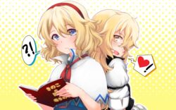  !? 2girls :d alice_margatroid back-to-back bakarayuu black_vest blonde_hair blue_dress blue_eyes blush capelet commentary curly_hair dress expressionless hair_between_eyes hairband heart highres kirisame_marisa long_hair looking_at_another looking_back medium_hair multiple_girls no_headwear oerba_yun_fang open_mouth polka_dot polka_dot_background red_hairband shirt smile spoken_heart spoken_interrobang symbol-only_commentary touhou upper_body very_long_hair vest white_shirt yellow_eyes 