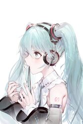  absurdres bad_id bad_twitter_id bare_shoulders blue_eyes blue_hair blue_nails blue_ribbon detached_sleeves female fingernails from_side hair_ornament hands_up hatsune_miku hatsune_miku_(nt) headphones highres layered_sleeves long_hair long_sleeves meme mouth_hold nail_polish neck_ribbon piapro profile ribbon ribbon_in_mouth rsef sanpaku shirt shoulder_tattoo simple_background sleeveless sleeveless_shirt solo tattoo twintails upper_body vocaloid white_background white_shirt wide_sleeves 