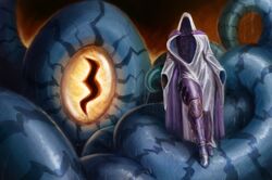  1_eye absurd_res ambiguous_gender armor big_breasts blue_body breasts cape clothing digital_media_(artwork) digital_painting_(artwork) duo female front_view ghost greaves hi_res hood huge_breasts invisible looking_at_another markings monster pupils purple_armor purple_cape purple_clothing rayoutofspace robe size_difference slit_pupils spirit standing_on_another striped_body striped_markings stripes tentacle tentacle_creature thick_thighs water wet white_clothing white_robe wide_hips yellow_eyes 