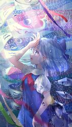  :d bad_id bad_twitter_id blue_bow blue_dress blue_eyes blue_hair blurry bow bowtie cirno collared_shirt commentary depth_of_field dress female fish from_side hairbow hand_on_own_head hand_on_own_hip highres ice ice_wings koinobori piyo_(sqn2idm751) puffy_short_sleeves puffy_sleeves red_bow red_ribbon ribbon shirt short_hair short_sleeves smile solo symbol-only_commentary touhou upper_body water_drop white_shirt windsock wings 