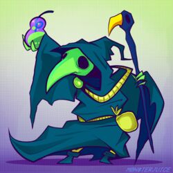  1:1 2016 abstract_background animal_mask anthro avian beak beak_mask beverage bottomwear claws cloak clothed clothing food footwear fruit green_background green_beak green_body green_skin headgear holding_object hood hoodie knight long_beak male mask pants pear plague_doctor plague_knight plant pose potion pouch_(anatomy) pouch_purse purple_background raised_arm rosemary-the-skunk shadow shoes shovel_knight simple_background solo soulless_eyes staff standing straw_(disambiguation) topwear warrior wide_eyed yacht_club_games yellow_beak 