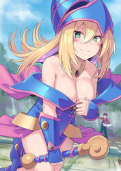  1boy bare_shoulders blonde_hair blue_headwear blush_stickers breasts cleavage closed_mouth dark_magician_girl duel_(yu-gi-oh!) duel_academy_uniform_(yu-gi-oh!_gx) duel_disk duel_monster female green_eyes hair_between_eyes hat holding holding_staff konami-kun large_breasts long_hair looking_at_viewer pentacle shiseki_hirame smile staff thighs wizard_hat yu-gi-oh! yu-gi-oh!_master_duel 