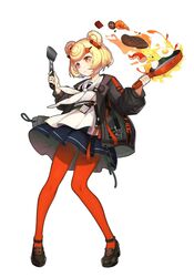  animal_ears arknights azema bangs bear_ears black_footwear black_jacket blonde_hair blue_skirt candy_hair_ornament chili_pepper egg female fire food food-themed_hair_ornament frying_pan full_body garlic gummy_(arknights) hair_ornament highres holding holding_frying_pan jacket long_sleeves mary_janes miniskirt mushroom octopus open_clothes open_jacket orange_eyes orange_legwear pantyhose shirt shoes short_hair shrimp simple_background skirt solo spatula standing steak sunny_side_up_egg white_background white_shirt 