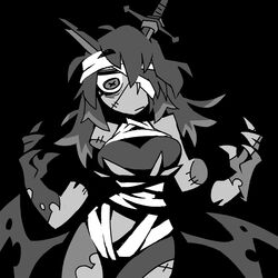  bandaged_head bandages black_background breasts broken broken_sword broken_weapon closed_mouth cowboy_shot disembodied_hand english_commentary female greyscale hands_up horns impaled large_breasts long_hair looking_at_viewer low_wings monochrome multicolored_hair original solo stitched_face stitches sword two-tone_hair vanripper weapon wings 