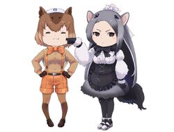  2girls :/ :3 :t animal_ears anteater_ears anteater_tail apron arm_at_side beleven black_eyes black_hair bow bowtie brown_hair capybara_(kemono_friends) capybara_girl cheek_poking chibi closed_eyes closed_mouth commentary dress english_commentary forehead full_body fur_collar giant_anteater_(kemono_friends) gloves grey_hair hair_ornament hand_on_another&#039;s_face hand_up hands_on_own_hips highres kemono_friends long_hair long_sleeves looking_at_another medium_hair mouse_ears multiple_girls pantyhose pantyhose_under_shorts photo-referenced poking shirt shoes shorts simple_background standing suspender_shorts suspenders towel towel_on_head very_long_hair white_background 