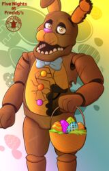  abstract_background absurd_res animatronic anthro basket blue_background bonnie_(fnaf) bow_tie brown_body brown_ear brown_ears candy chocolate chocolate_bonnie_(fnaf) container dessert easter easter_egg egg english_text exposed_endoskeleton featureless_crotch fist five_nights_at_freddy&#039;s five_nights_at_freddy&#039;s_ar food food_creature green_background half-closed_eyes hi_res holidays lagomorph leporid looking_at_viewer machine male mammal metal metallic metallic_body multicolored_body multicolored_ears narrowed_eyes notched_ear open_mouth orange_eyes pink_nose portrait rabbit robot scar scottgames simple_background solo standing teeth text three-quarter_portrait torn_body twinkattstudios two_tone_body two_tone_ears white_background wire yellow_background 