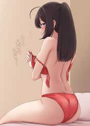  absurdres ahoge akizuki_(kancolle) ass back bare_shoulders bikini black_hair blue_eyes blush breasts female from_behind furrowed_brow highres indoors kantai_collection kiritto long_hair looking_at_viewer ponytail red_bikini sidelocks sitting small_breasts solo sweat swimsuit translation_request undressing upper_body 