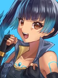  :d bare_shoulders black_gloves black_shirt black_sports_bra blue_hair blue_jacket brown_eyes chest_jewel dark-skinned_female dark_skin female fiery_hair fingerless_gloves flat_chest gloves highres jacket kyosuke1413koba looking_at_viewer open_mouth sena_(xenoblade) shirt side_ponytail simple_background sleeveless sleeveless_jacket smile solo sports_bra xenoblade_chronicles_(series) xenoblade_chronicles_3 