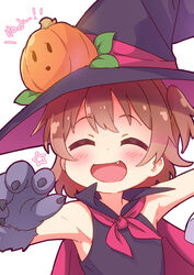  :d ^_^ animal_hands armpits bare_shoulders black_dress black_hat blush brown_hair closed_eyes double-parted_bangs dress facing_viewer female gloves grey_gloves halloween halloween_costume hat hoshino_hinata jigatei_(omijin) oerba_yun_fang one_side_up open_mouth paw_gloves pumpkin simple_background sleeveless sleeveless_dress smile solo star_(symbol) translated upper_body watashi_ni_tenshi_ga_maiorita! white_background witch_hat 