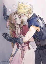  ! !? 1boy aerith_gainsborough ancotsubu armor bandaged_arm bandages belt blonde_hair blue_eyes blue_shirt blush bracelet braid braided_ponytail brown_hair choker cloud_strife couple cropped_jacket dress earrings female final_fantasy final_fantasy_vii final_fantasy_vii_remake fingernails gloves green_eyes grey_pants hair_between_eyes hair_ribbon hand_on_another&#039;s_arm jacket jewelry kabedon long_dress multiple_belts muscular muscular_male open_mouth pants parted_bangs pink_dress protected_link red_jacket ribbon shirt shoulder_armor single_earring sleeveless sleeveless_turtleneck spiked_hair straight suspenders sweatdrop turtleneck upper_body wavy_hair 