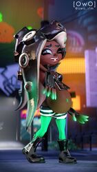  3d_(artwork) 9:16 belly big_belly boots brown_body cephalopod city clothing dark_body dark_skin digital_media_(artwork) female footwear gloves glowing hair handwear hi_res legwear linea_nigra long_hair looking_at_viewer marina_(splatoon) marine mollusk navel navel_piercing navel_stud night nintendo octarian octoling one_eye_closed outie_navel outside owo_sfm piercing pregnant pregnant_female pseudo_hair pupils smile solo source_filmmaker_(artwork) splatoon teeth tentacle tentacle_hair tights topwear unusual_pupils zipper 