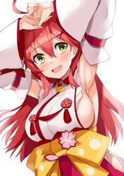  ahoge armpits arms_up blush bow breasts cowboy_shot detached_sleeves female green_eyes hair_between_eyes hair_ornament hololive kosuke_(bb) large_breasts long_hair looking_at_viewer nontraditional_miko open_mouth own_hands_together paw_print paw_print_pattern pink_hair sakura_miko sakura_miko_(1st_costume) sideboob sideless_kimono simple_background smile solo tassel virtual_youtuber white_background wide_sleeves wing_collar x_hair_ornament yellow_bow 