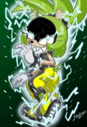  2022 afrosoricid anthro black_body black_bottomwear black_clothing black_footwear black_fur black_pants black_shoes blue_eyes bottomwear clothing ear_piercing electricity electricity_manipulation elemental_manipulation evil_face evil_grin eyelashes female footwear fur glistening glistening_eyes gloves glowing glowing_eyes green_background green_body green_fur hair handwear hi_res idw_publishing lightning looking_at_viewer mammal multiple_piercings pants piercing quills_(anatomy) ring sega sharp_teeth shirt shoes simple_background sirjzau smile solo sonic_the_hedgehog_(comics) sonic_the_hedgehog_(idw) sonic_the_hedgehog_(series) surge_the_tenrec teeth tenrec tied_hair topwear white_clothing white_gloves white_handwear yellow_bottomwear yellow_clothing yellow_footwear yellow_pants yellow_shoes 