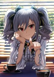  absurdres black_bow black_bowtie black_ribbon bow bowtie coffee cup drill_hair female frilled_shirt frills grey_hair hair_ribbon highres idolmaster idolmaster_cinderella_girls kanzaki_ranko long_bangs long_hair long_sleeves looking_at_viewer pointing pointing_at_viewer red_eyes ribbon saucer shirt skirt smile solo takatsuki_p teacup twin_drills twintails white_skirt window 