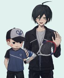  2boys :d alternate_costume arm_behind_back baseball_cap black_jacket black_pants black_shirt blue_shirt blush_stickers brown_eyes commentary danganronpa_(series) danganronpa_v3:_killing_harmony grey_shirt hair_between_eyes hand_up hat height_difference highres holding holding_racket hoshi_ryoma iumi_urura jacket jewelry long_sleeves looking_at_viewer male_focus multiple_boys necklace pants racket saihara_shuichi shirt short_hair smile sweatdrop teeth tennis_racket two-tone_shirt upper_teeth_only 