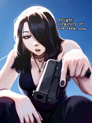  aiming aiming_at_viewer bare_arms black_eyes black_hair black_nails breasts cross cross_necklace english_text female gangsta_hold gun hair_over_one_eye highres holding holding_gun holding_weapon jewelry looking_at_viewer medium_hair necklace nila_(telepurte) open_mouth original pointing pointing_at_viewer pointing_weapon solo telepurte trigger_discipline weapon 