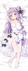  absurdres arm_up armpits azur_lane bed blush breasts commentary_request dakimakura_(medium) dexp dress female full_body hair_bun highres long_hair lying on_back one_side_up open_mouth purple_eyes purple_hair see-through sheet_grab single_hair_bun small_breasts solo stuffed_animal stuffed_toy stuffed_unicorn stuffed_winged_unicorn thighhighs unicorn_(azur_lane) white_dress white_thighhighs 