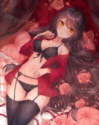  bare_shoulders black_bra black_hair black_panties black_thighhighs bra breasts cleavage closed_mouth collarbone female flower front-tie_bra front-tie_top garter_belt highres hollyyn lingerie long_hair long_sleeves looking_at_viewer lying medium_breasts navel off_shoulder on_back open_clothes open_shirt orange_eyes original panties pink_flower red_shirt rose shirt solo spaghetti_strap stomach string_bra string_panties thigh_gap thighhighs thighs underwear valentine very_long_hair wavy_hair 