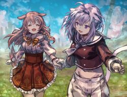  2girls :d animal_ears blue_sky breasts brown_eyes brown_hair cat_ears cat_tail crop_top dog_ears dog_tail frilled_shirt frills happy happy_tears high-waist_skirt highres holding_hands hololive hololive_alternative inugami_korone inugami_korone_(street) jampan0823 lens_flare lens_flare_abuse long_hair looking_at_another midriff multiple_girls nekomata_okayu nekomata_okayu_(casual) oerba_yun_fang official_alternate_costume open_mouth outdoors purple_eyes purple_hair running shirt shorts silhouette skirt sky skyline small_breasts smile tail tearing_up tears virtual_youtuber 