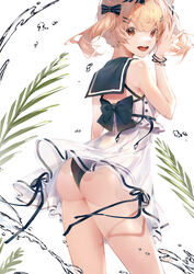  :d absurdres arknights ass bad_id bad_pixiv_id bangle bare_arms bare_shoulders black_panties blonde_hair blue_bow blue_ribbon blue_sailor_collar bow bracelet brown_eyes commentary cowboy_shot dress female from_behind gummy_(arknights) gummy_(summer_flowers)_(arknights) hair_ornament hairbow hairclip hand_up hatachi8p highres jewelry looking_at_viewer looking_back official_alternate_costume open_mouth panties ribbon sailor_collar sailor_dress short_dress short_hair simple_background sleeveless sleeveless_dress smile solo standing thighs twintails underwear water_drop white_background white_dress 