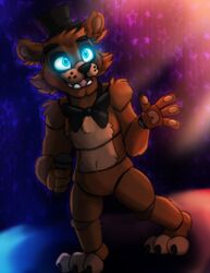  2020 absurd_res animatronic anthro bear big_bow_tie black_eyebrows black_nose blue_eyes bow_tie brown_body brown_ears brown_fur claws clothing curtains curtains_closed electronics eyebrows featureless_crotch five_nights_at_freddy&#039;s freddy_(fnaf) full-length_portrait fur glowing glowing_eyes happy hat headgear headwear hi_res looking_away machine male mammal microphone multicolored_body multicolored_fur open_mouth pawpads paws pink_tongue portrait raised_arm robot scottgames shadow singer smile solo stage stage_curtains standing star tan_body tan_fur teeth toe_claws tongue toony top_hat writtenstars87 