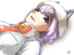  alpaca_ears alpaca_huacaya_(kemono_friends) animal_ear_fluff animal_ears bell commentary_request ears_through_headwear female fur_collar fur_hat grey_hair hat highres horizontal_pupils jingle_bell kemono_friends looking_at_viewer lying neck_bell necktie on_back parted_lips portrait purple_eyes red_necktie shirt short_hair signature smile solo thin_(suzuneya) white_shirt 