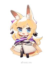  :3 :d animal_ear_fluff animal_ears arknights baiwei_er_hao_ji black_thighhighs blonde_hair blue_eyes blush bow chibi dress female full_body hair_ornament hairbow hairclip horse_ears horse_girl horse_tail long_hair looking_at_viewer official_alternate_costume purple_bow purple_sash sash smile solo standing tail thighhighs very_long_hair weibo_watermark whislash_(arknights) whislash_(glory_purple)_(arknights) white_background white_dress 