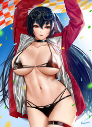  arms_up azur_lane bikini black_bikini black_choker black_hair blue_sky breasts checkered_flag choker confetti crossed_bangs easonx eyewear_on_head female flag high_collar highleg highleg_bikini highres jacket large_breasts long_hair multi-strapped_bikini_bottom multi-strapped_bikini_top navel official_alternate_costume one_side_up open_clothes open_jacket parted_lips race_queen red_eyes red_jacket sky solo stomach sunglasses swimsuit taihou_(azur_lane) taihou_(enraptured_companion)_(azur_lane) thigh_strap thighs toned 