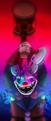  &gt;:d abstract_background absurd_res animatronic anthro big_bow_tie big_ears big_hammer big_pupils blue_background blue_eyes bow_tie close-up clothed clothing clown clown_costume clown_makeup clown_nose clown_springtrap_(fnaf) coat dilated_pupils five_nights_at_freddy&#039;s five_nights_at_freddy&#039;s_3 five_nights_at_freddy&#039;s_ar flower glowing glowing_eyes hair hammer hi_res holding_hammer holding_object holding_tool holding_weapon lagomorph leporid lipstick long_ears looking_at_viewer machine makeup male mammal multicolored_eyes narrowed_eyes notched_ear open_mouth pink_background pink_eyes plant pupils purple_hair rabbit raised_arm red_background red_lipstick red_nose robot scar scottgames shirt short_hair simple_background smile solo springtrap_(fnaf) squint tools topwear weapon white_ears writtenstars87 