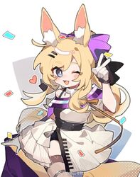  :d animal_ear_fluff animal_ears arknights baiwei_er_hao_ji black_shorts blonde_hair blue_eyes blush bow chibi commentary dress female hair_ornament hairbow hairclip heart horse_ears horse_girl horse_tail long_hair oerba_yun_fang off-shoulder_dress off_shoulder official_alternate_costume one_eye_closed open_mouth purple_bow shorts shorts_under_dress simple_background smile solo symbol-only_commentary tail thigh_strap v weibo_watermark whislash_(arknights) whislash_(glory_purple)_(arknights) white_background white_dress 