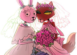  anthro bouquet bunny_(courage_the_cowardly_dog) c2ndy2c1d cartoon_network clothing courage_the_cowardly_dog domestic_cat dress duo felid feline felis female female/female floral flower flower_crown flower_garland garland head_wreath kitty_(courage_the_cowardly_dog) lagomorph leporid mammal one_eye_closed pink_body plant rabbit red_body rose_(flower) simple_background wedding wedding_dress white_background yellow_sclera 