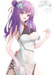  absurdres breasts china_dress chinese_clothes covered_navel dress female flower hair_flower hair_ornament highres hoshino_ai_(oshi_no_ko) hu1820817064 long_hair open_mouth oshi_no_ko purple_eyes purple_hair star-shaped_pupils star_(symbol) symbol-shaped_pupils 