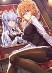  2girls aged_up alternate_breast_size bartender black_legwear blue_eyes breasts collared_shirt commentary flower gochuumon_wa_usagi_desu_ka? grey_hair hair_between_eyes hair_flower hair_ornament hairclip highres hoto_cocoa indoors kafuu_chino ks_(xephyrks) large_breasts long_hair looking_at_viewer medium_breasts medium_hair multiple_girls neck_ribbon orange_hair pantyhose parted_lips ponytail purple_eyes ribbon shirt sitting smile uniform vest white_shirt 