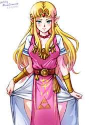  artist_name belt blonde_hair blue_eyes blush bracelet circlet dated dress earrings female forehead forehead_jewel gem gown jewelry lips long_hair looking_at_viewer mina_cream necklace parted_bangs pearl_necklace pelvic_curtain pink_lips pointy_ears princess princess_zelda pulling_own_clothes short_sleeves sidelocks smile solo tabard the_legend_of_zelda the_legend_of_zelda:_a_link_between_worlds triforce triforce_earrings white_dress 