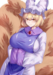  absurdres blonde_hair blush breasts closed_mouth commentary_request dress female fox_tail hands_in_opposite_sleeves hat highres large_breasts long_sleeves looking_at_viewer mirufui mob_cap multiple_tails official_alternate_costume orange_eyes purple_tabard short_hair simple_background smile solo tabard tail touhou white_background white_dress white_hat yakumo_ran 